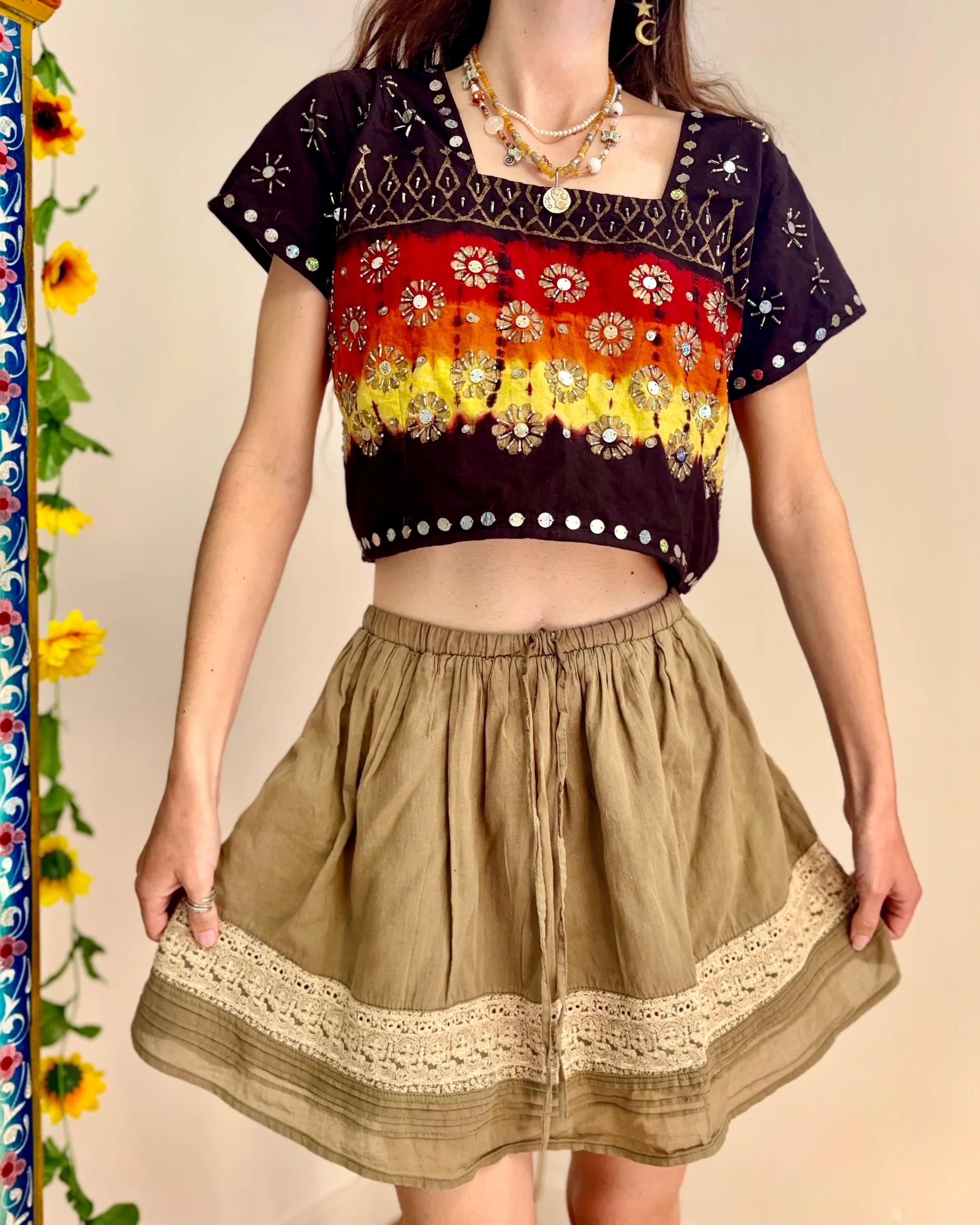 Bohemian Flower Embroidered Top And Skirt Set