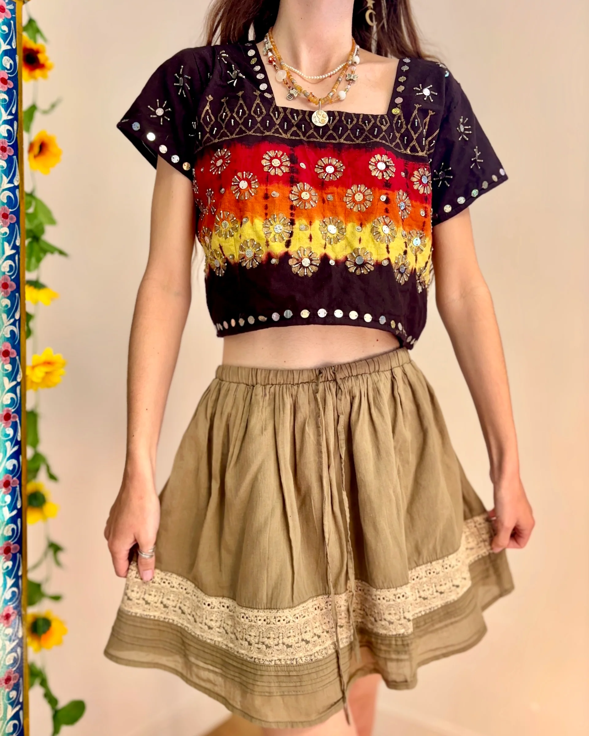 Bohemian Flower Embroidered Top And Skirt Set