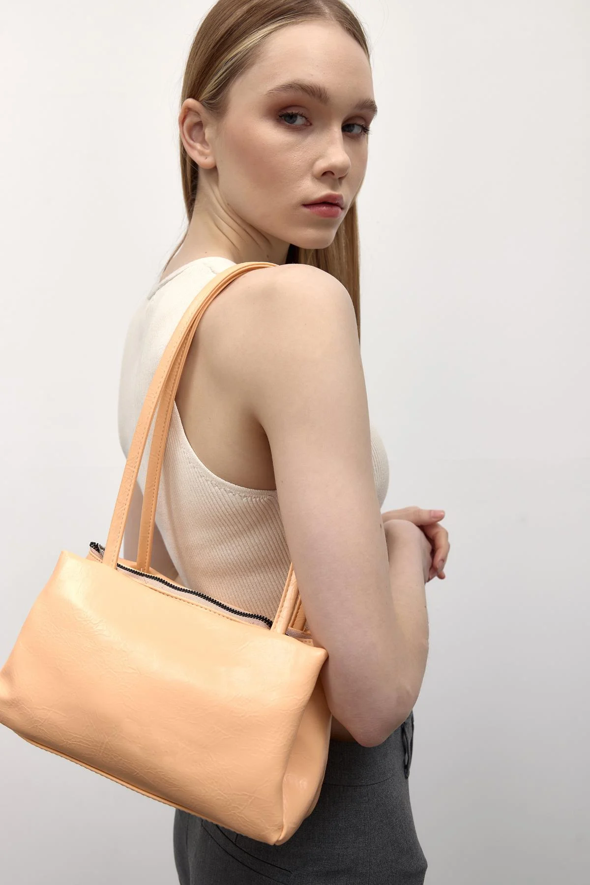 Chic Peach Faux Leather Shoulder Bag